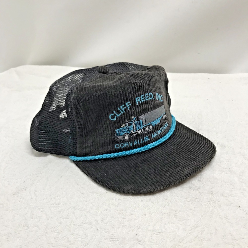 Vintage Black Corduroy Trucker Hat Corvallis Montana Cap Snapback Cliff Reef USA
